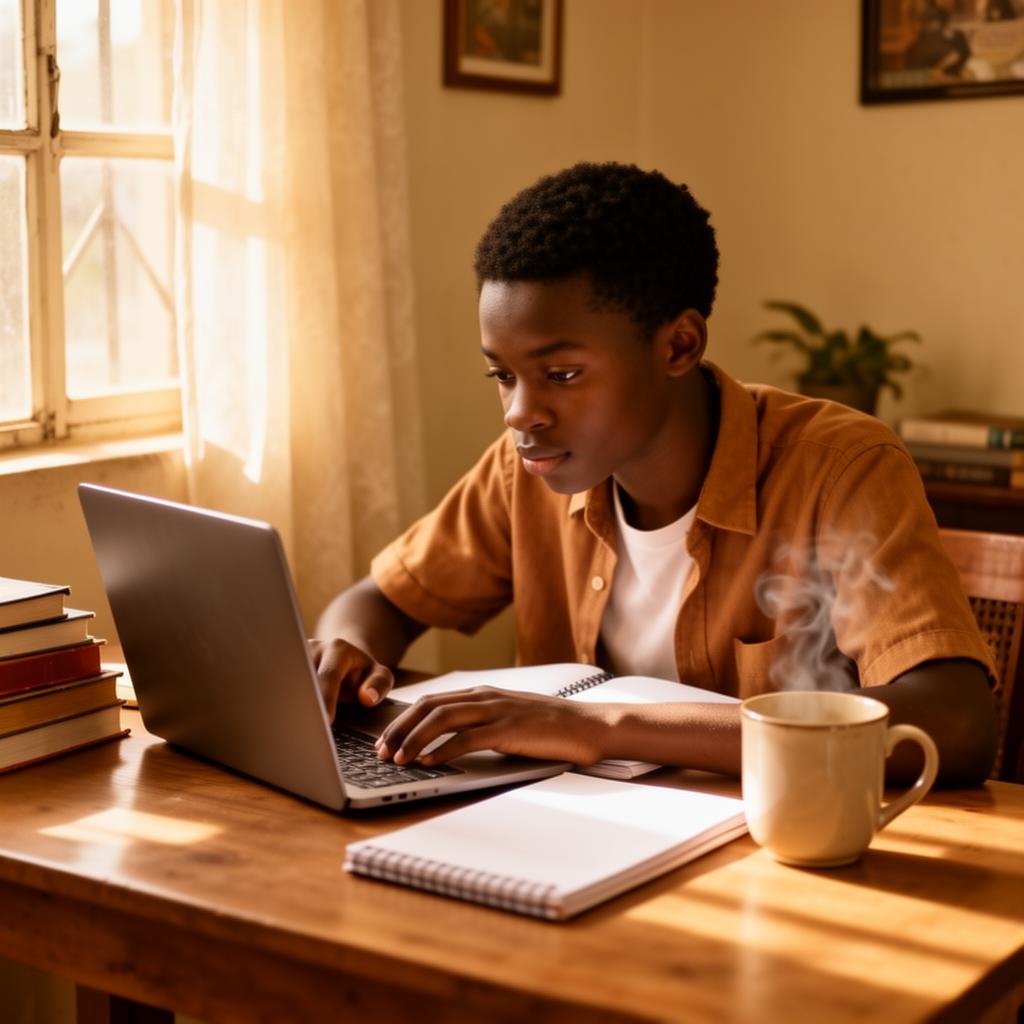 An African student studying online from home