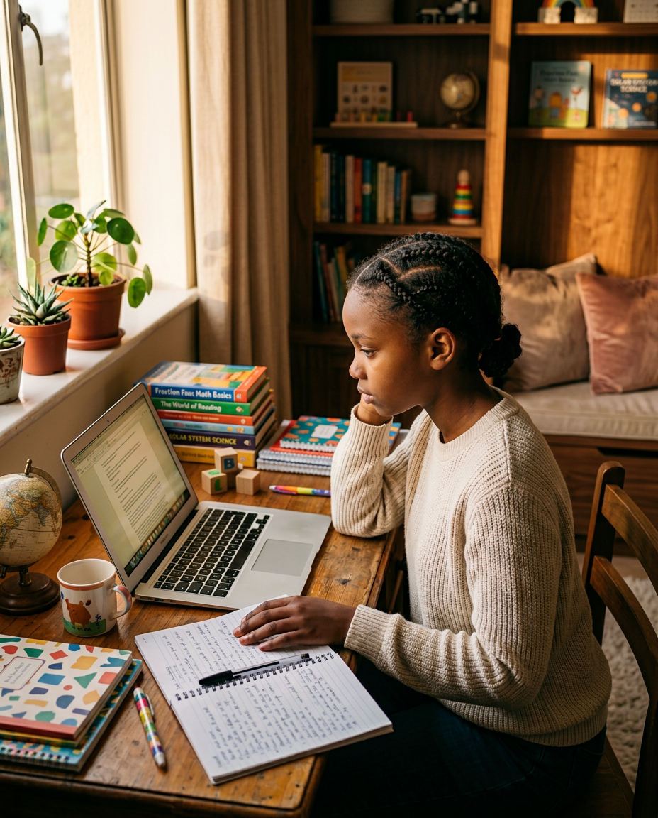 Student studying with a laptop at a wooden desk in golden hour light