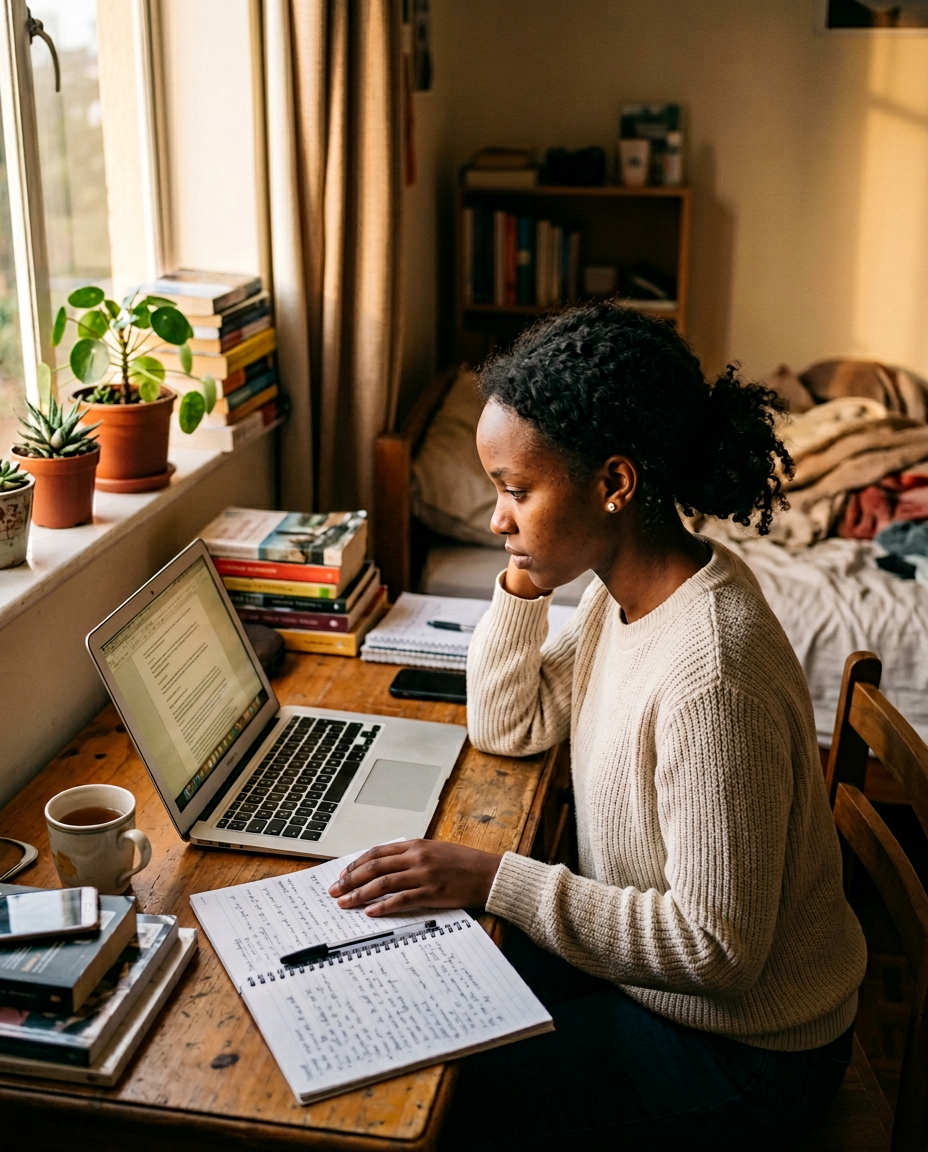 Student studying with a laptop at a wooden desk in golden hour light